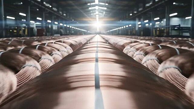 Industrial Copper Wire Rolls In Factory Rows With Bright Sunlight Shining Through Large Windows