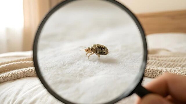 Magnifying glass reveals tiny dust mite on a white textured bed sheet with soft sunlight illuminating the background creating a warm and clean bedroom atmosphere highlighting the need for pest
