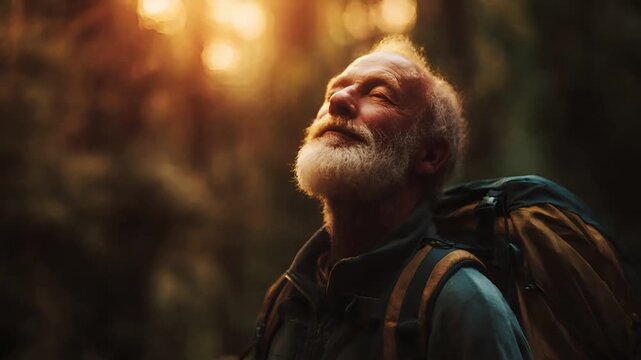 Explore adventure journey achievement outdoor in National Park. A man with a white beard and a backpack, captured in a side profile, gazing upward with a blurred background.