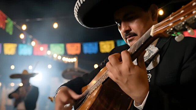 Male Mariachi Musician Playing Guitar in a Festive Outdoor Evening Setting with Colorful Bunting and String Lights