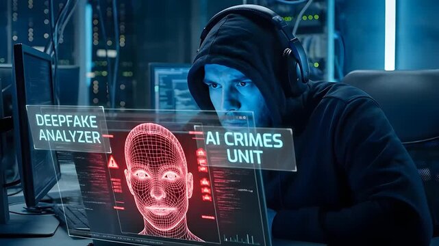 Man in dark hoodie wearing headphones intently analyzes digital holographic interface displaying deepfake analysis and AI crimes unit data in a dimly lit server room with blue ambient lighting