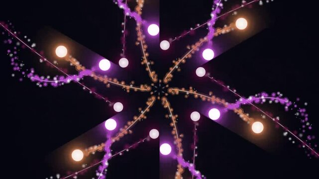 A majestic star-shaped pattern of purple and golden lights shining brightly against a dark background, viewed from a straight-on perspective