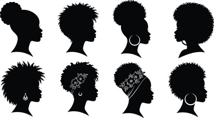 Collection of Black Women Profile Silhouettes with Afro Hairstyles, Diverse African-American Hair Vector Set, Natural Curls, Buns, and Headwrap Designs, Beauty Icons © Shoentesh
