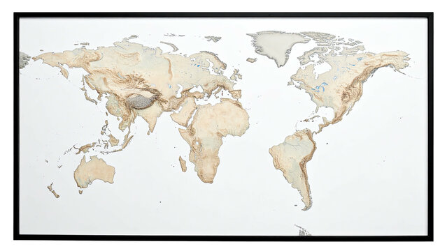 Relief map displaying Earth's continents with varied beige and blue topographic detail