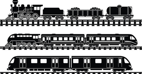 Collection of detailed steam freight train, classic passenger locomotive and modern metro transport silhouettes on railway tracks, high-quality black vector illustration for design projects © Shoentesh
