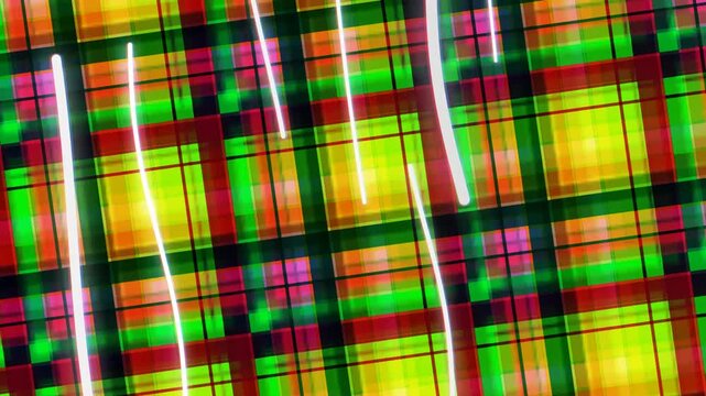 Vibrant Plaid Pattern with Neon Lights, Abstract Background, Close-up View