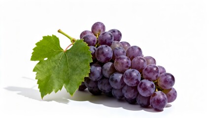 Fototapeta premium Fresh Bunch of Ripe Purple Grapes with Green Leaf Isolated on White