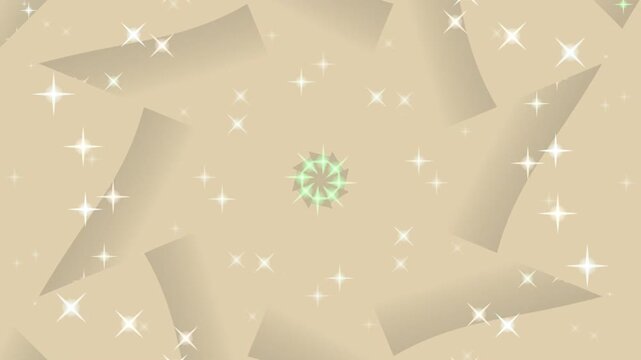 A central green emblem surrounded by star-shaped cutouts and sparkling stars on a neutral beige background viewed from directly above