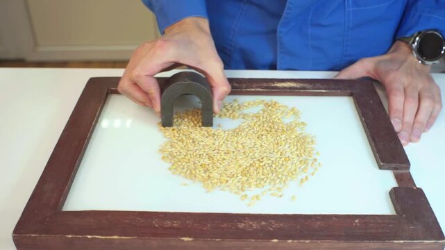 A laboratory technician detects metal in grain using a magnet. Technical analysis of cereals. Grain laboratory.
