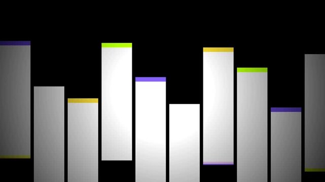 Abstract digital equalizer bar graph animation fluctuating rhythmically on a black background representing data analysis or sound waves