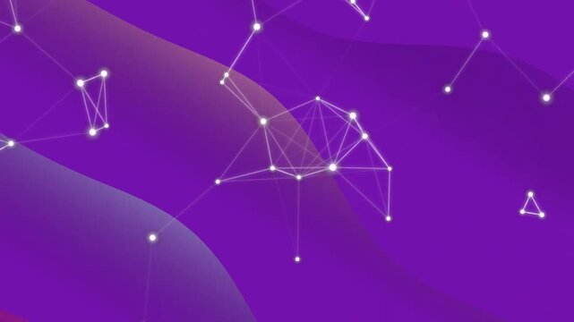 A complex network of interconnected nodes and lines on a purple background from a high viewpoint