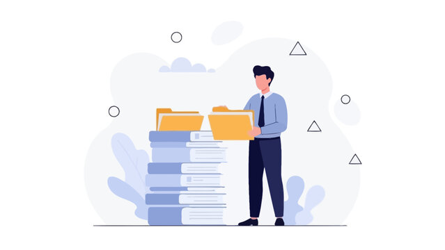 Man organizing files in office, stack of documents, business concept illustration