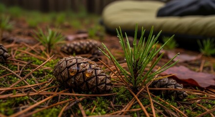 Pine cones on forest floor ground.