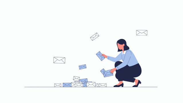 Woman sorting mail, envelopes scattered, communication concept