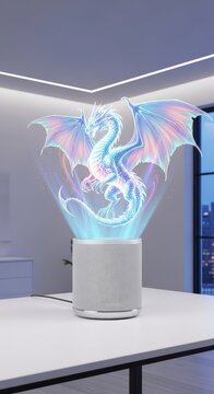 Dragon lamp on white table indoors.