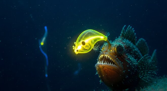 Deep Sea Anglerfish with Bioluminescent Glow in Dark Ocean Depths