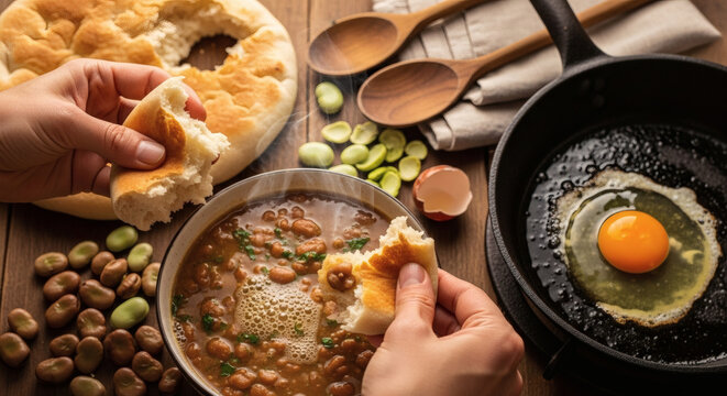 Fresh Iraqi Flatbread Tearing Into Rustic Fava Bean Broth Kitchen