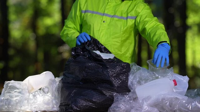 Garbage trash disposal helps restore ecosystems. Plastic trash collection makes a difference. Rubbish trash cleanup concept. Volunteers and trash waste recycling reduces pollution.