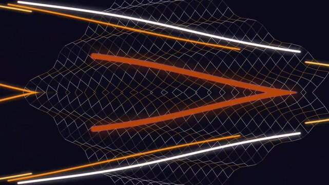 Dynamic orange arrow navigates through a complex grid pattern surrounded by neon lights on a dark background from a forward viewpoint