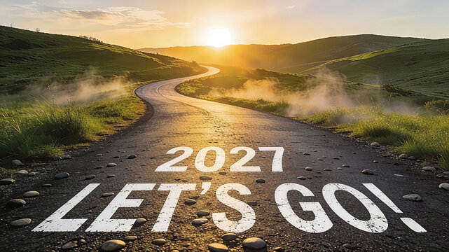 A winding asphalt road leading towards a beautiful sunrise over green hills, the text 2027 LET'S GO! is painted in white on the road surface. Happy New Year, New Year