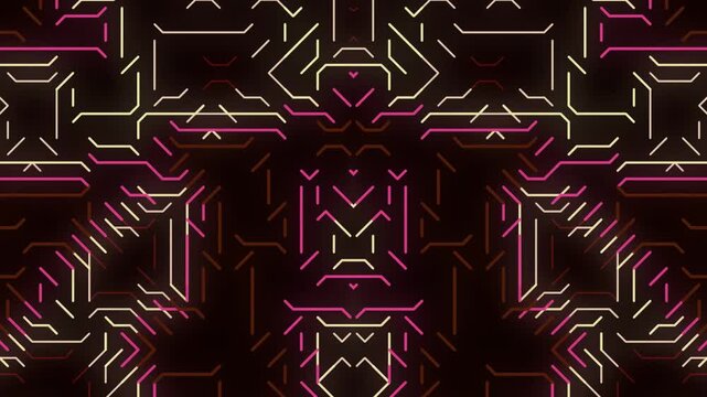 A futuristic neon pattern with geometric shapes and abstract designs viewed from a straight-on perspective in a dark environment