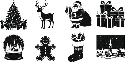 Christmas holiday icons collection, Santa reindeer tree gifts gingerbread and winter village symbols, black and white festive flat vector illustration set © Shoentesh