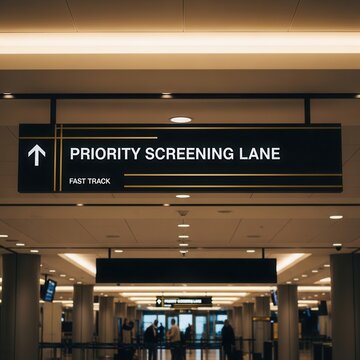 A Modern Airport Sign Directing Passengers to the Expedited Priority Screening Lane