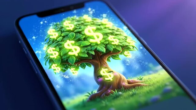 Modern Financial wellness apps demonstrate a vibrant money tree growing on a smartphone display, symbolizing investment and prosperity.