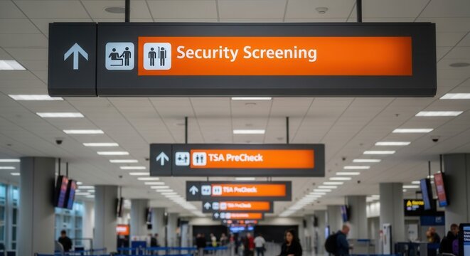 Airport Security Signage Guide Passengers Towards Screening And Travel Procedures