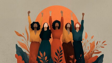 Flat illustration for Gender Equality Month focusing on empowerment and strength, abstract human silhouettes rising together, memphis graphic accents, boho textures