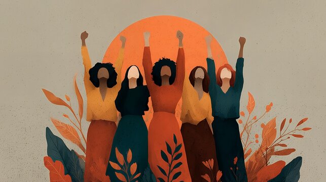 Flat illustration for Gender Equality Month focusing on empowerment and strength, abstract human silhouettes rising together, memphis graphic accents, boho textures