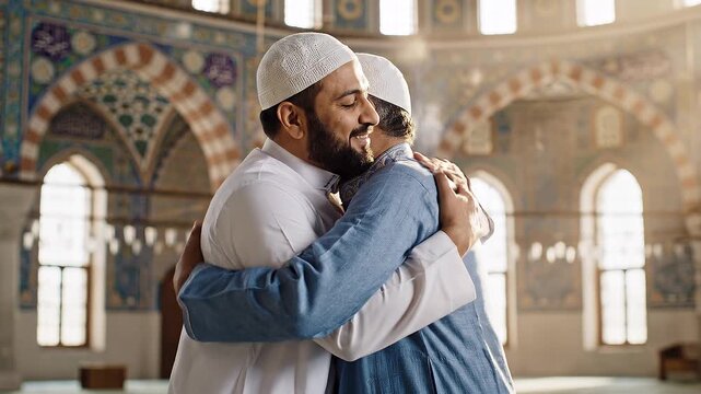 Muslim Men Embracing in Mosque After Prayer.