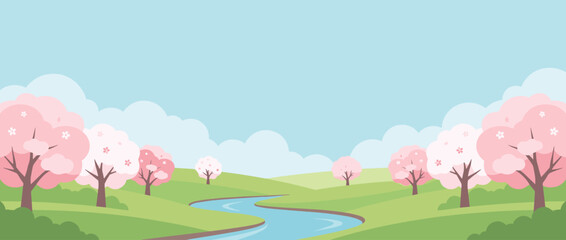 Fototapeta premium Spring Landscape Panoramic Vector Banner Illustration with Blooming Pink Cherry Blossom Sakura Trees, Lush Green Rolling Hills, Winding Blue River, and Clear Sky with Clouds and Copy Space.