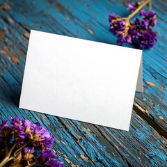 Blank greeting card with purple flowers on textured blue surface