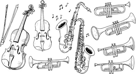 Hand-drawn musical instruments collection: violins, saxophones, and trumpets with music notes in a sketch art style on white background. © arulumia
