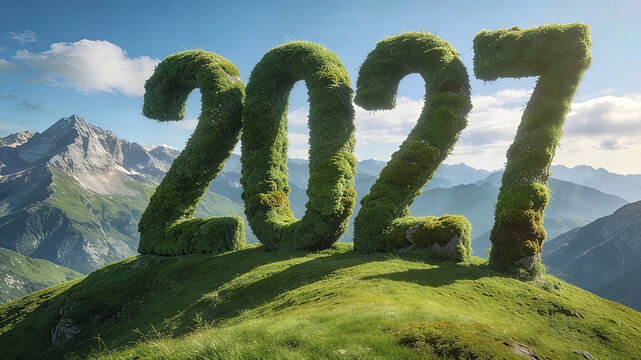 Giant numbers 2027 made of lush green manicured grass and moss standing on a rolling green hill. Happy New Year, New Year
