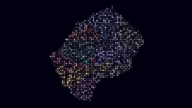 Lesotho animated country shape. Pulsating colored dots on the map of the country. Small size square blocks. Digital style Lesotho map on dark background. Creative animation video.