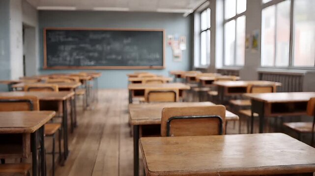 Education training class. Knowledge learning improvement study. An empty classroom with wooden desks and chairs arranged in neat rows, a blackboard on the wall, and windows letting in natural light.