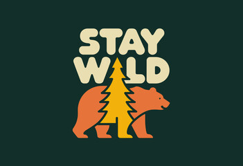 Playful Wilderness Adventure Graphic Featuring Bear and Pine Trees in Earthy Tones