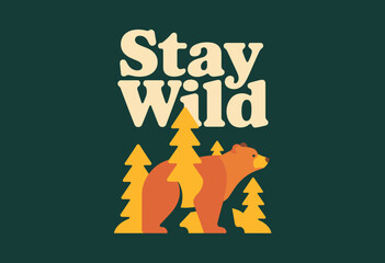 Playful Wilderness Adventure Graphic Featuring Bear and Pine Trees in Earthy Tones