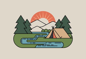 Serene Camping Scene with Tent and River Under Rising Sun amid Majestic Mountains