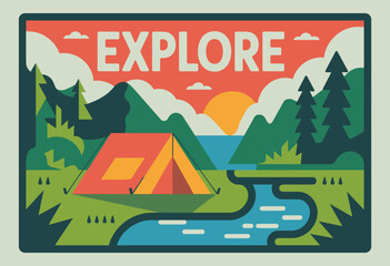 Vibrant Camping Adventure Poster with 'Explore' Theme Featuring Tent by a Serene Stream at Sunset