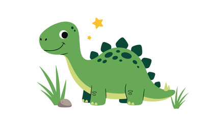 Fototapeta premium Sweet illustration of a green stegosaurus dinosaur standing in the grass with small yellow stars shining in the sky above.