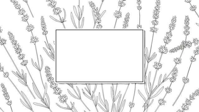 Elegant hand drawn lavender flowers sketch surrounding a blank white rectangular label for wedding invitations or greeting cards.