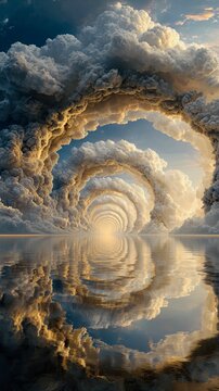 Surreal cloud vortex tunnel over water with mirror reflection