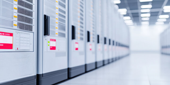 Wide shot eye level row of backup battery units UPS with st cda d ab in clean data center environment