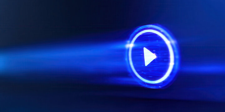 Glowing blue play button icon with motion blur effect on dark background, symbolizing digital media and technology