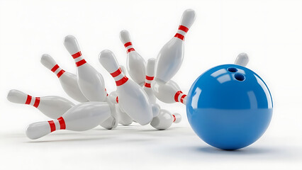 Blue bowling ball hitting white pins strike sport