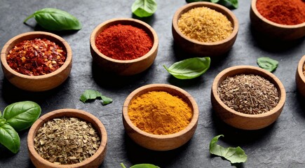 Assorted spices in wooden bowls arranged on a dark surface, surrounded by fresh basil leaves, viewed from directly above.