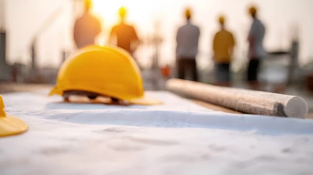 Real estate business market, house home building purchase sale. A yellow hard hat sitting atop a table next to a roll of blueprints, with a blurred background suggesting a construction site.